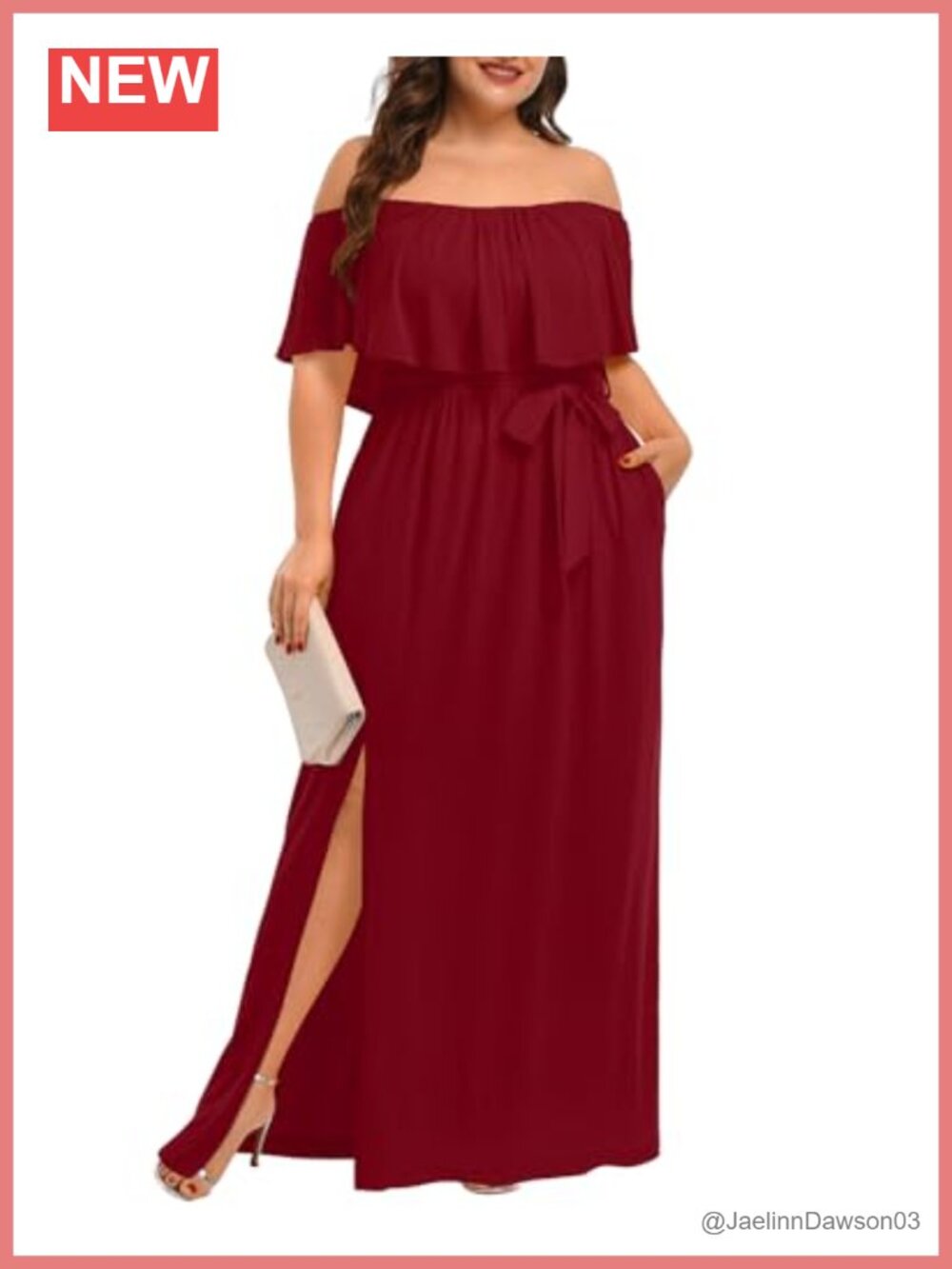 Plus Size Off Shoulder Ruffle Maxi Dress with Slit and Pockets